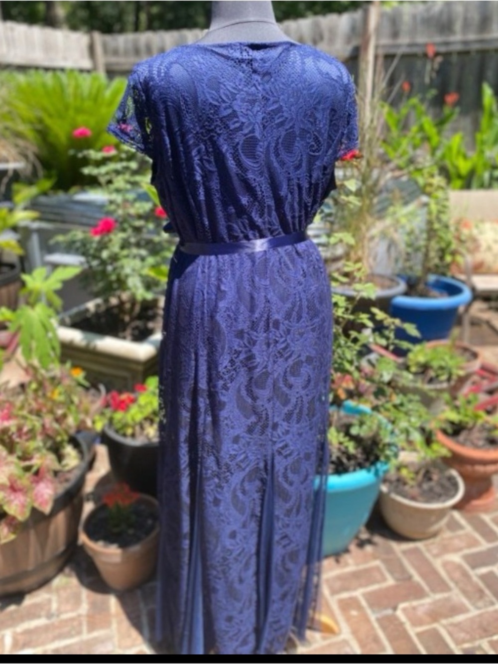 Navy Blue Lace V-Neck Maxi Evening Gown Dress with Satin Waist Tie 22/24 - Picture 6 of 10